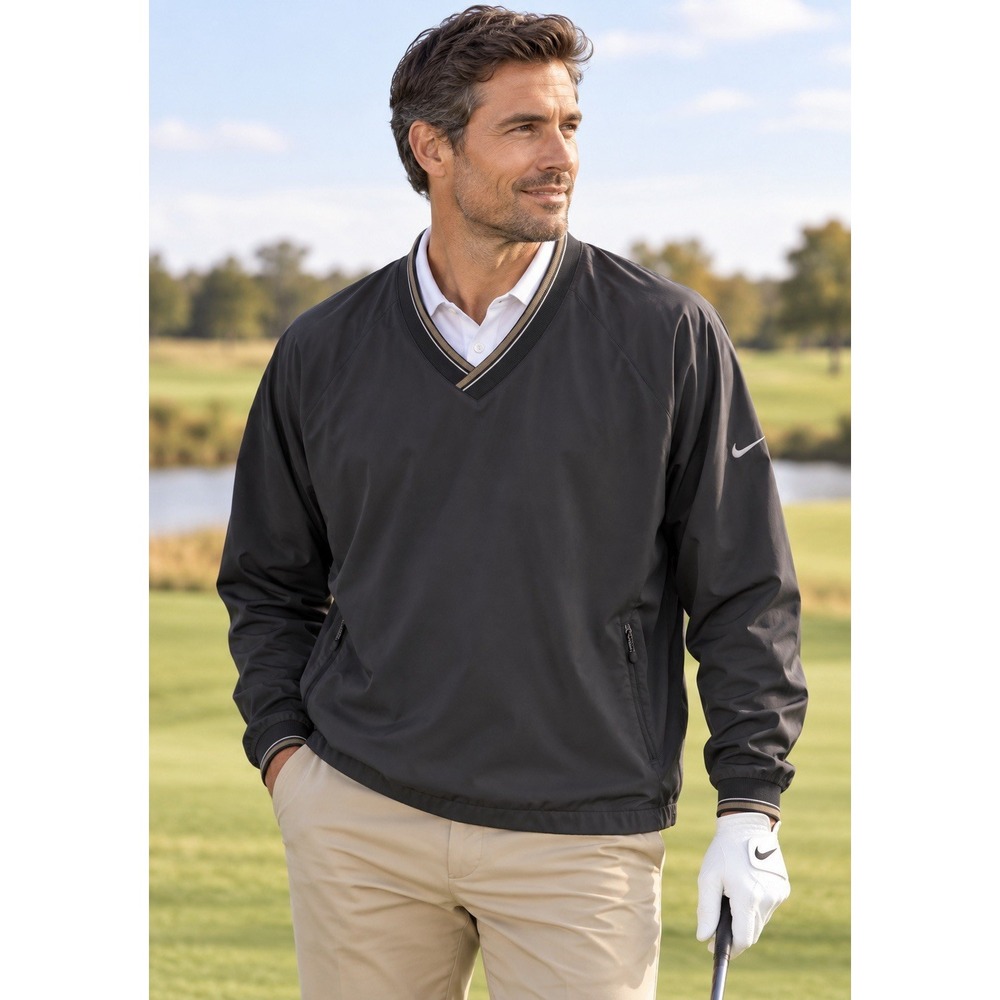 Nike Golf  V Neck Pullover Windbreaker Jacket Men's L Black Zip Pockets Sporty